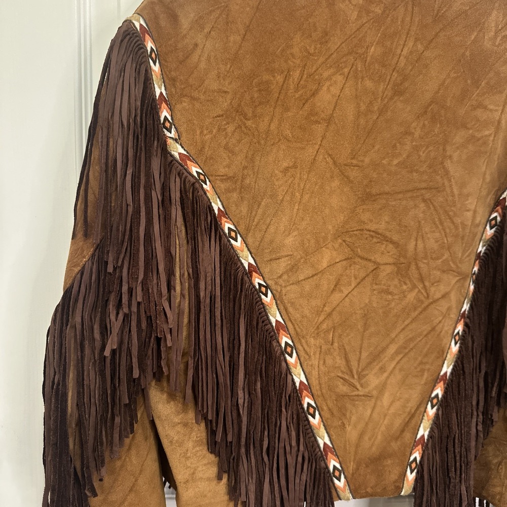 Western Fringe Leather Suede Jacket‎ Button Up Brown Aztec Design Sz Woman's L - Picture 3 of 15